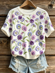 Women's purple flowers pattern printed causal short sleeve sweater