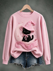 Women's Breast Cancer Halloween Black Cat Print Regular Sweatshirt