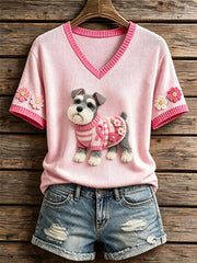 Women's Felt Art Schnauzer Pattern Knit Top