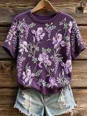 Women's purple flowers pattern printed causal short sleeve sweater
