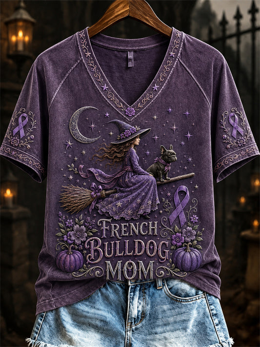 Women's Halloween French Bulldog Mom Alzheimer's Awareness short-sleeved T-shirt