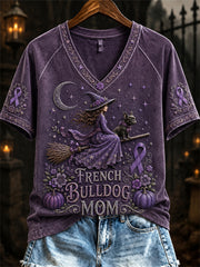 Women's Halloween French Bulldog Mom Alzheimer's Awareness short-sleeved T-shirt