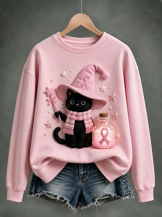 Women's Breast Cancer Halloween Black Cat Print Regular Sweatshirt