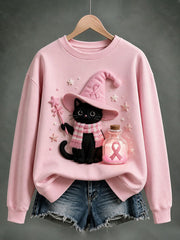 Women's Breast Cancer Halloween Black Cat Print Regular Sweatshirt