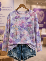 Women's Alzheimer's Awareness Purple Art Print Round neck long sleeve T-shirt