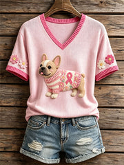 Women's Felt Art French Bulldog Pattern Knit Top