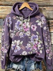 Women's purple flowers pattern printed causal hoodie