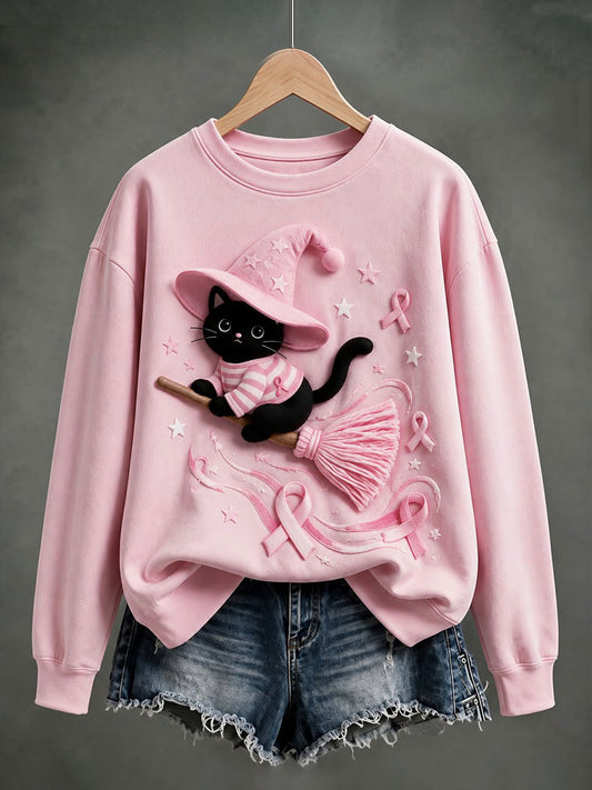 Women's Breast Cancer Halloween Black Cat Print Regular Sweatshirt