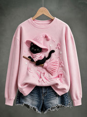 Women's Breast Cancer Halloween Black Cat Print Regular Sweatshirt