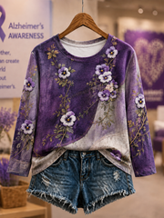 Women's Alzheimer's Awareness Purple Art Print Round neck long sleeve T-shirt