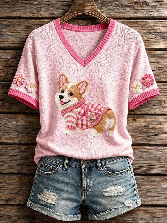 Women's Felt Art Corgi Pattern Knit Top