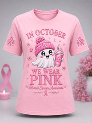 Women's In October We Wear Pink Halloween Pink Ghost Print Breast Cancer Awareness Support Tee