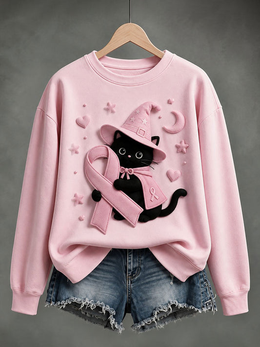 Women's Breast Cancer Halloween Black Cat Print Regular Sweatshirt