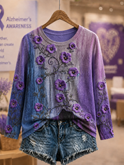 Women's Alzheimer's Awareness Purple Art Print Round neck long sleeve T-shirt