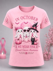 Women's In October We Wear Pink Halloween Pink Ghost Print Breast Cancer Awareness Support Tee