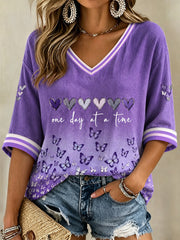 Women's Purple Floral & Alzheimer's Awareness Support Print V-Neck Tee