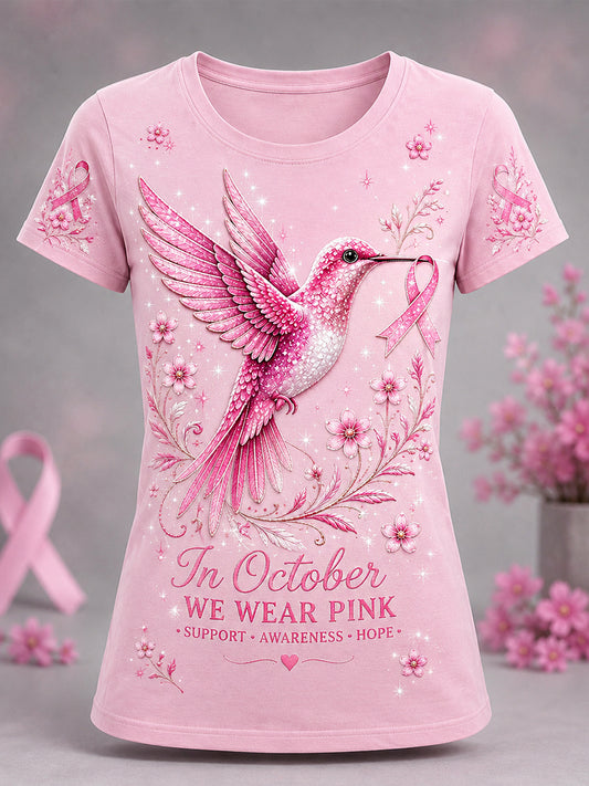 Women's Pink Floral & Hummingbird Print Breast Cancer Awareness Support Tee
