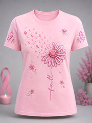 Women's Sunflower Pink Ribbon Faith Print Breast Cancer Awareness Support Tee