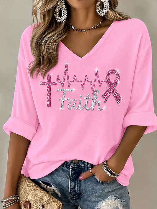 Women's Breast Cancer Mid-length Sleeves V-Neck T-Shirt