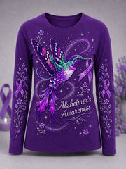 Women's Purple Floral & Hummingbird Print Alzheimer's Awareness Support Long-Sleeve T-Shirt