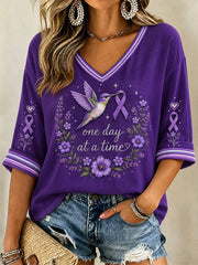 Women's Purple Floral & Alzheimer's Awareness Support Print V-Neck Tee