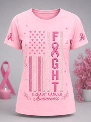 Women's Pink Ribbon Fight USA Flag Print Breast Cancer Awareness Support V-Neck Tee