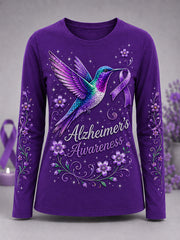 Women's Purple Floral & Hummingbird Print Alzheimer's Awareness Support Long-Sleeve T-Shirt