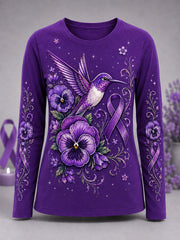 Women's Purple Floral & Hummingbird Print Alzheimer's Awareness Support Long-Sleeve T-Shirt