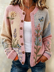 Women's Breast Cancer Awareness Flowers Cardigan-Style Knit Jacket