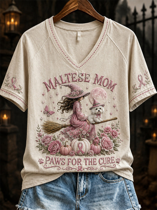 Women's Halloween Maltese Mom Breast Cancer Awareness short-sleeved T-shirt