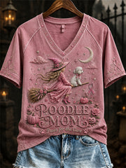 Women's Halloween Poodle Mom Breast Cancer Awareness short-sleeved T-shirt