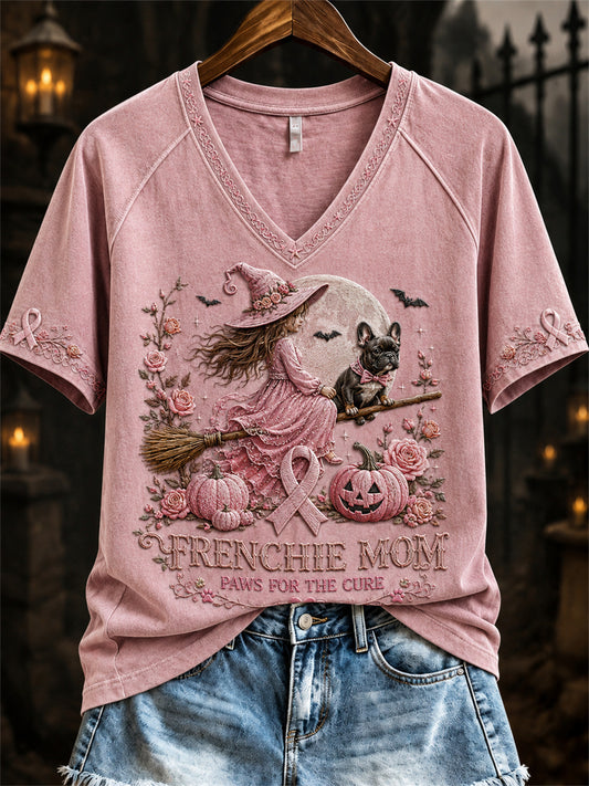 Women's Halloween Frenchie Mom Breast Cancer Awareness short-sleeved T-shirt