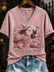 Women's Halloween Frenchie Mom Breast Cancer Awareness short-sleeved T-shirt