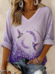 Women's Alzheimer's Disease Flowers Printed Mid-length Sleeves V-neck T-shirt