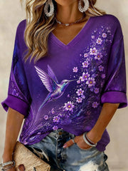 Women's Alzheimer's Disease Flowers Printed Mid-length Sleeves V-neck T-shirt