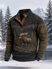 Men's Winter Moose Print Casual Buttons Pullover