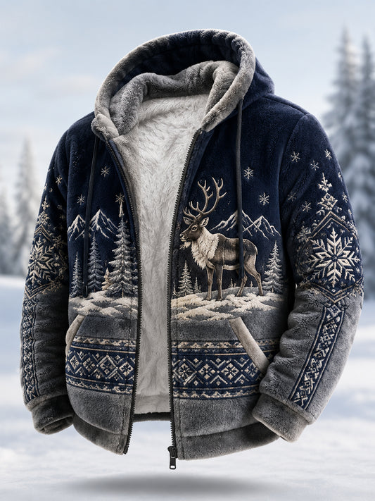 Men’s Nordic Reindeer Heritage Plush Zipper Hooded Coat