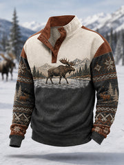 Men's Winter Moose Print Casual Buttons Pullover