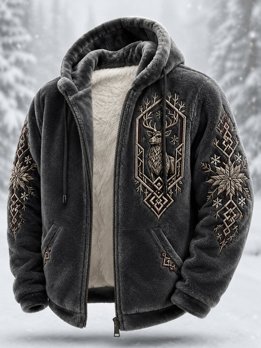 Men’s Nordic Reindeer Heritage Plush Zipper Hooded Coat