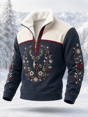 Men’s Nordic Reindeer Heritage Print Plush Zipper Pullover