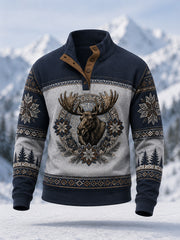 Men's Winter Moose Print Casual Buttons Pullover