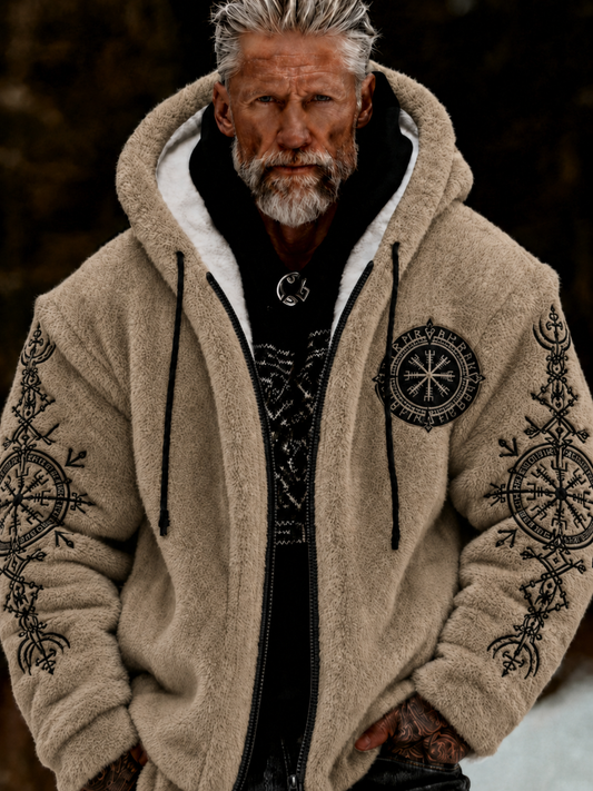 Men's Viking Celtic Art Plush Cozy Warm Zipped Hooded Jacket