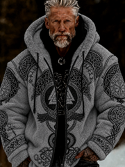 Men's Viking Celtic Art Plush Cozy Warm Zipped Hooded Jacket