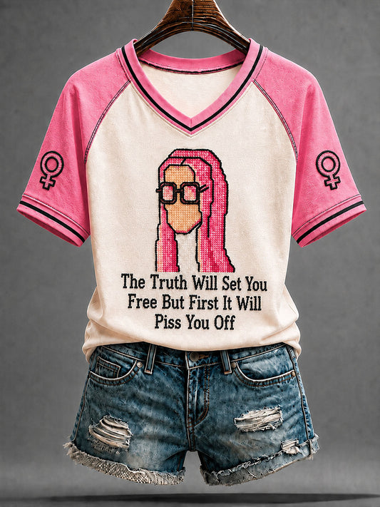 Women's Feminist Quote Print V-Neck Short Sleeve T-shirt
