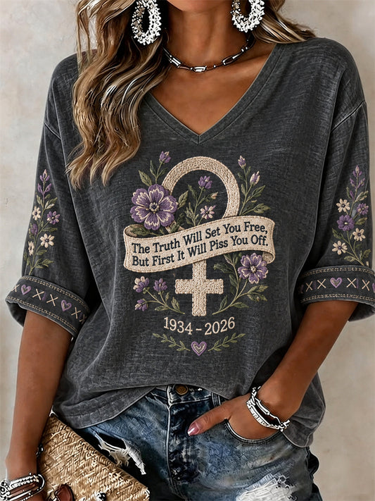 Women's The Truth Will Set You Free Women Power Memorial Mid-length Sleeves V-Neck T-Shirt