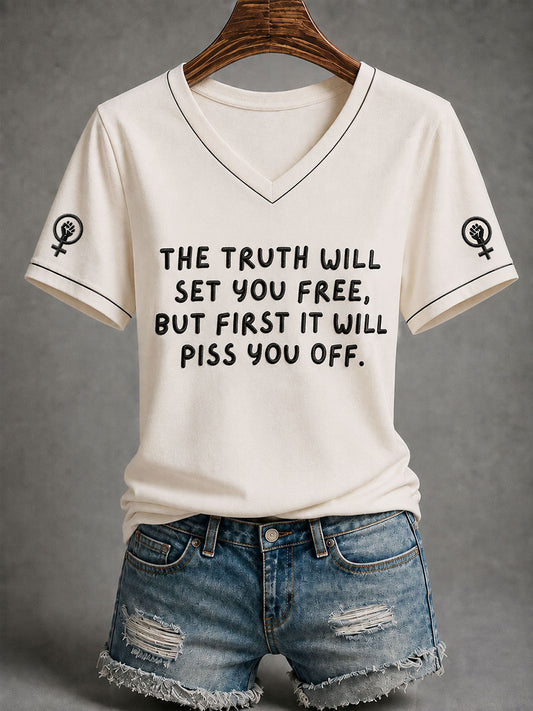 Women's Feminist Quote Print V-Neck Short Sleeve T-shirt