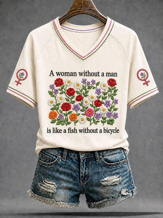 Women's Feminist Quote Print V-Neck Short Sleeve T-shirt