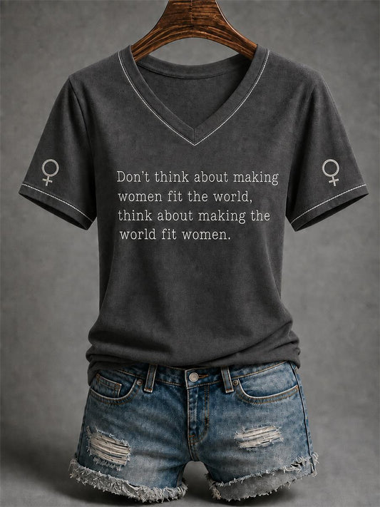 Women's Feminist Quote Print V-Neck Short Sleeve T-shirt