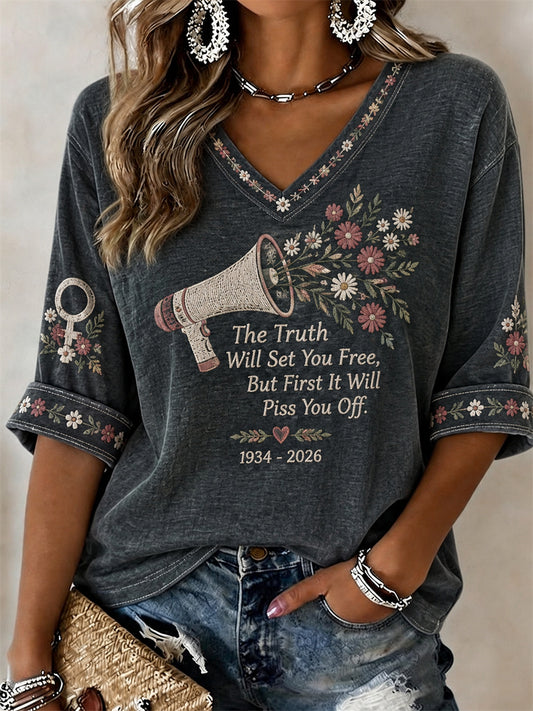 Women's The Truth Will Set You Free Women Power Memorial Mid-length Sleeves V-Neck T-Shirt