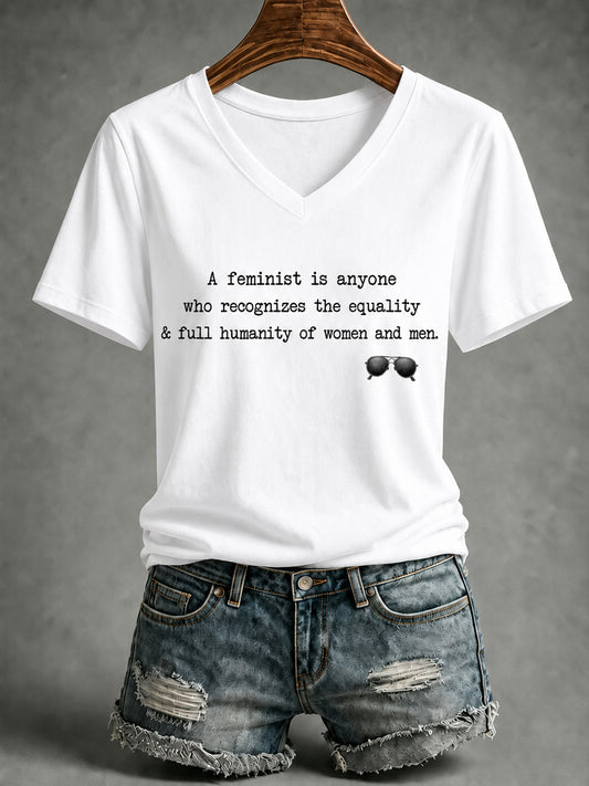 Women's Feminist Quote Print V-Neck Short Sleeve T-shirt